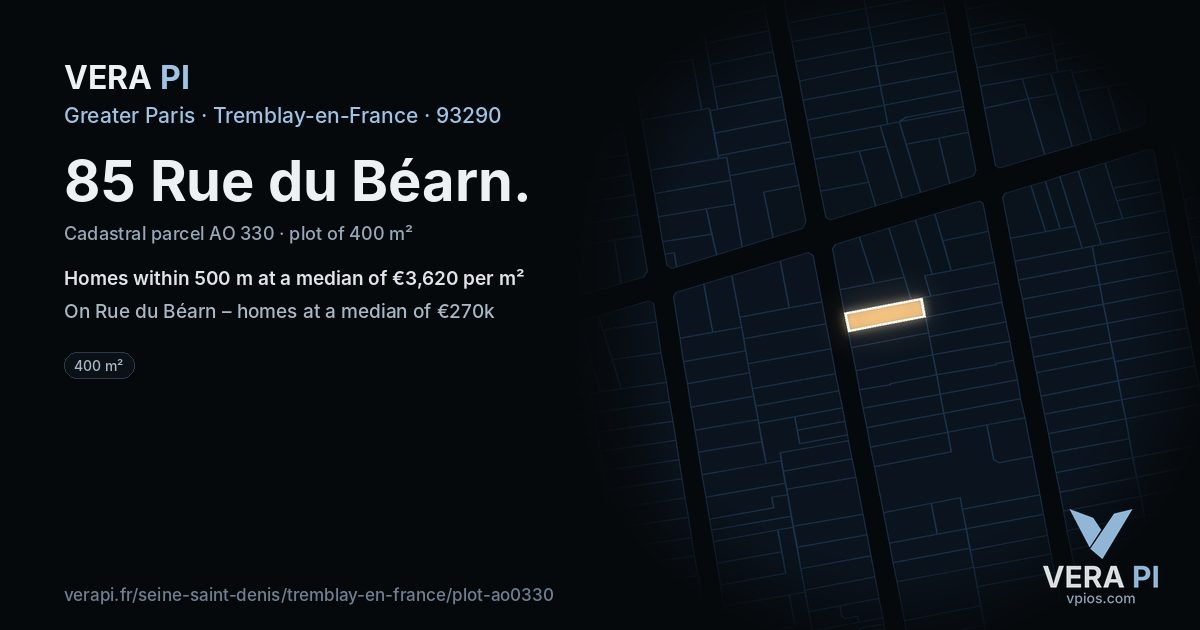 85 Rue du Béarn, Tremblay-en-France at night – the plot lit, the parcels around coloured by the prices near them