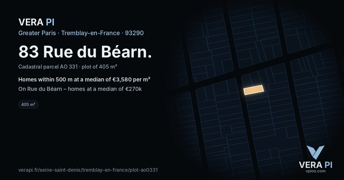 83 Rue du Béarn, Tremblay-en-France at night – the plot lit, the parcels around coloured by the prices near them