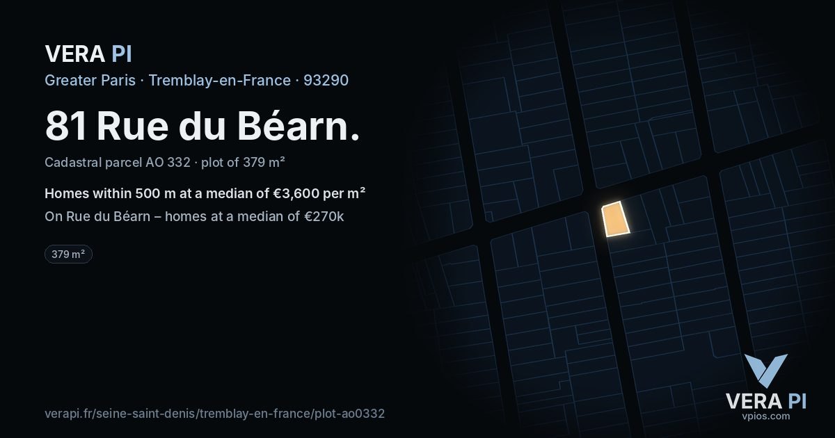 81 Rue du Béarn, Tremblay-en-France at night – the plot lit, the parcels around coloured by the prices near them