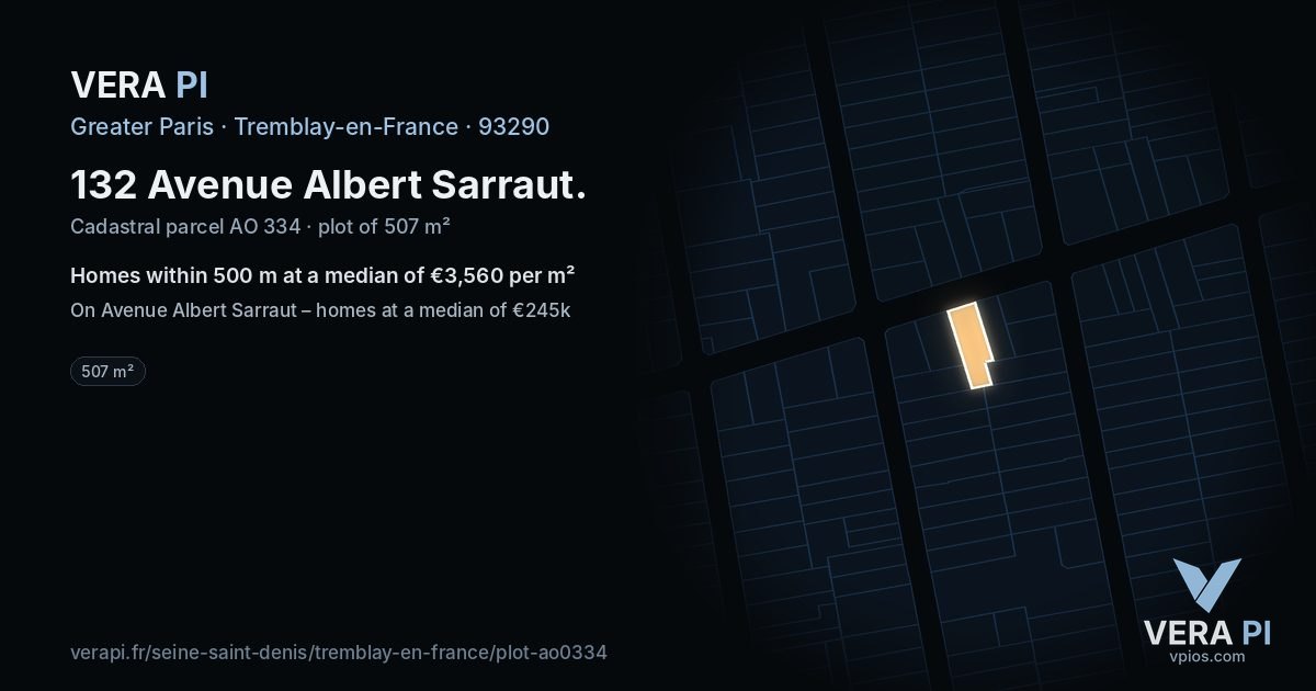 132 Avenue Albert Sarraut, Tremblay-en-France at night – the plot lit, the parcels around coloured by the prices near them