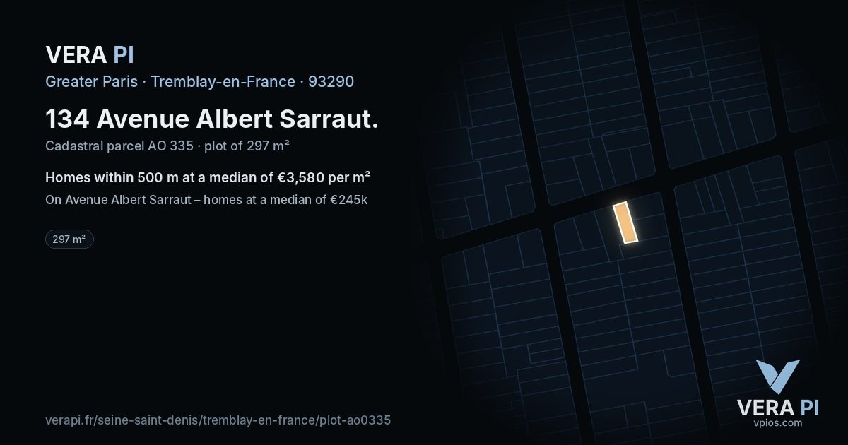 134 Avenue Albert Sarraut, Tremblay-en-France at night – the plot lit, the parcels around coloured by the prices near them