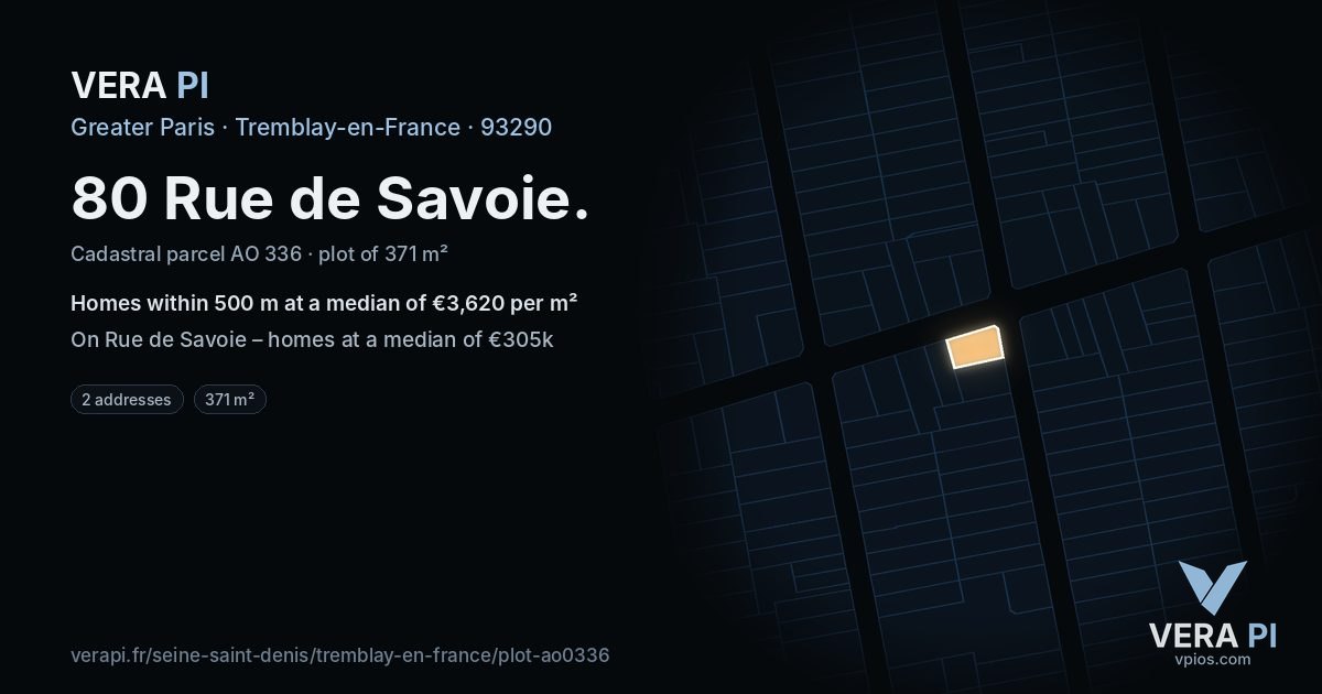 80 Rue de Savoie, Tremblay-en-France at night – the plot lit, the parcels around coloured by the prices near them