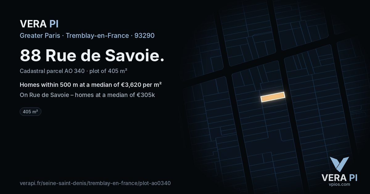 88 Rue de Savoie, Tremblay-en-France at night – the plot lit, the parcels around coloured by the prices near them