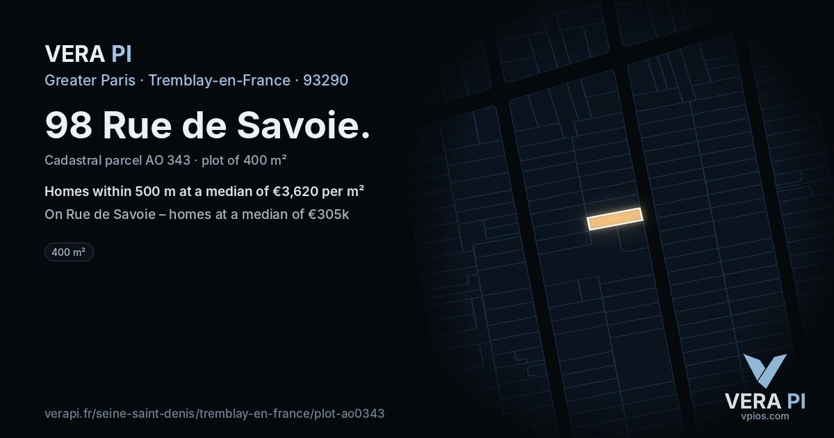 98 Rue de Savoie, Tremblay-en-France at night – the plot lit, the parcels around coloured by the prices near them