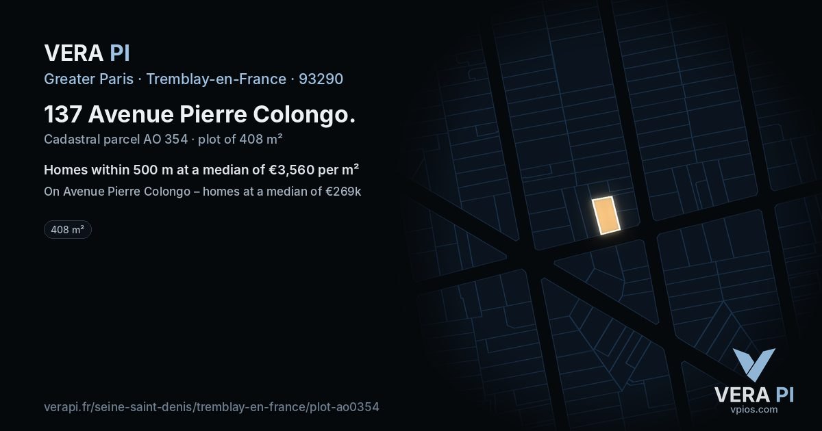 137 Avenue Pierre Colongo, Tremblay-en-France at night – the plot lit, the parcels around coloured by the prices near them