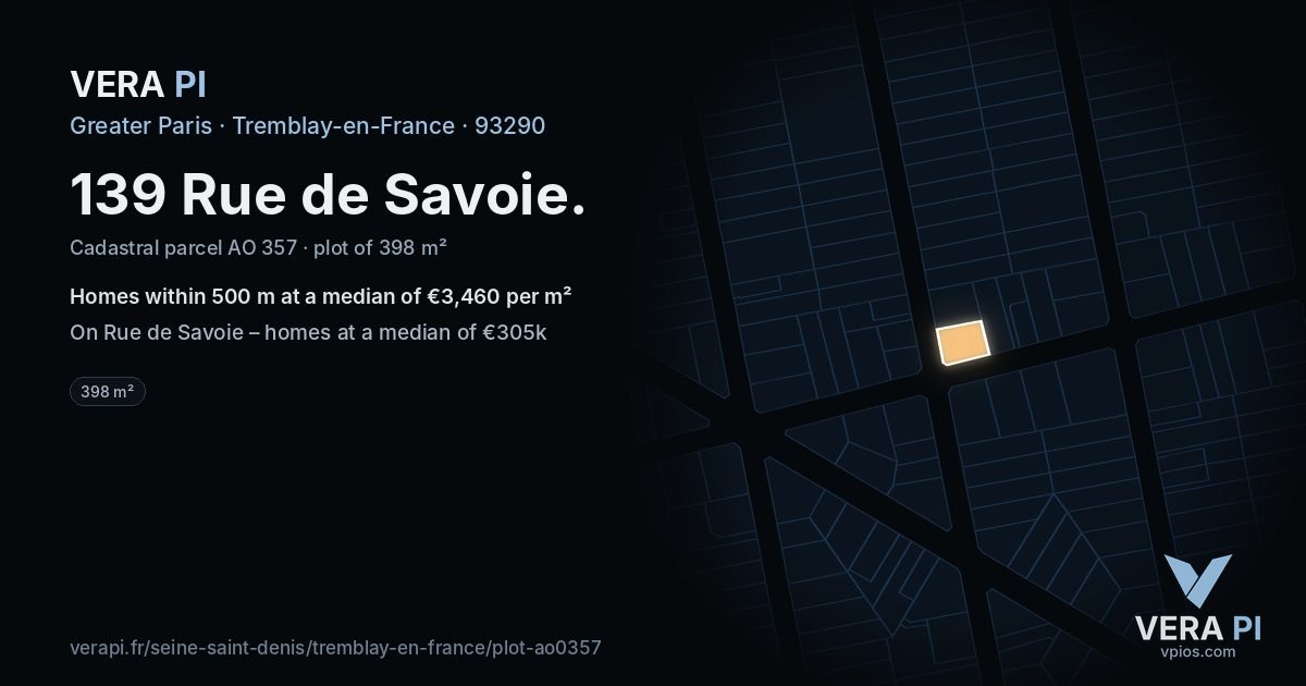 139 Rue de Savoie, Tremblay-en-France at night – the plot lit, the parcels around coloured by the prices near them