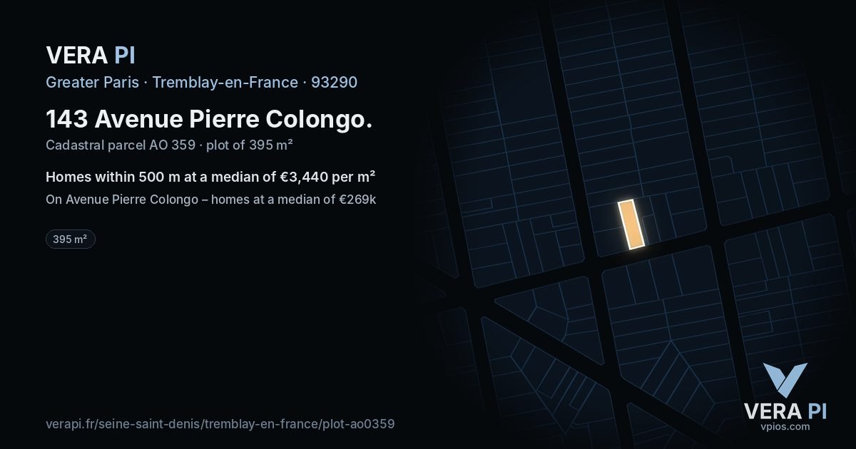 143 Avenue Pierre Colongo, Tremblay-en-France at night – the plot lit, the parcels around coloured by the prices near them
