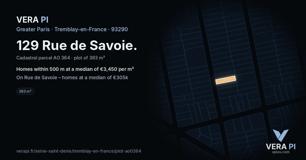 129 Rue de Savoie, Tremblay-en-France at night – the plot lit, the parcels around coloured by the prices near them