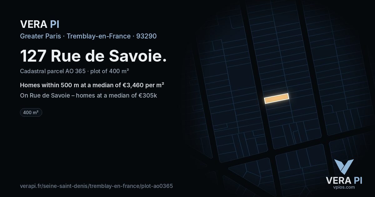 127 Rue de Savoie, Tremblay-en-France at night – the plot lit, the parcels around coloured by the prices near them