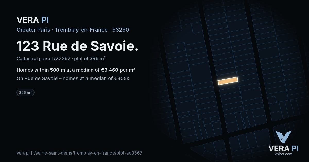 123 Rue de Savoie, Tremblay-en-France at night – the plot lit, the parcels around coloured by the prices near them