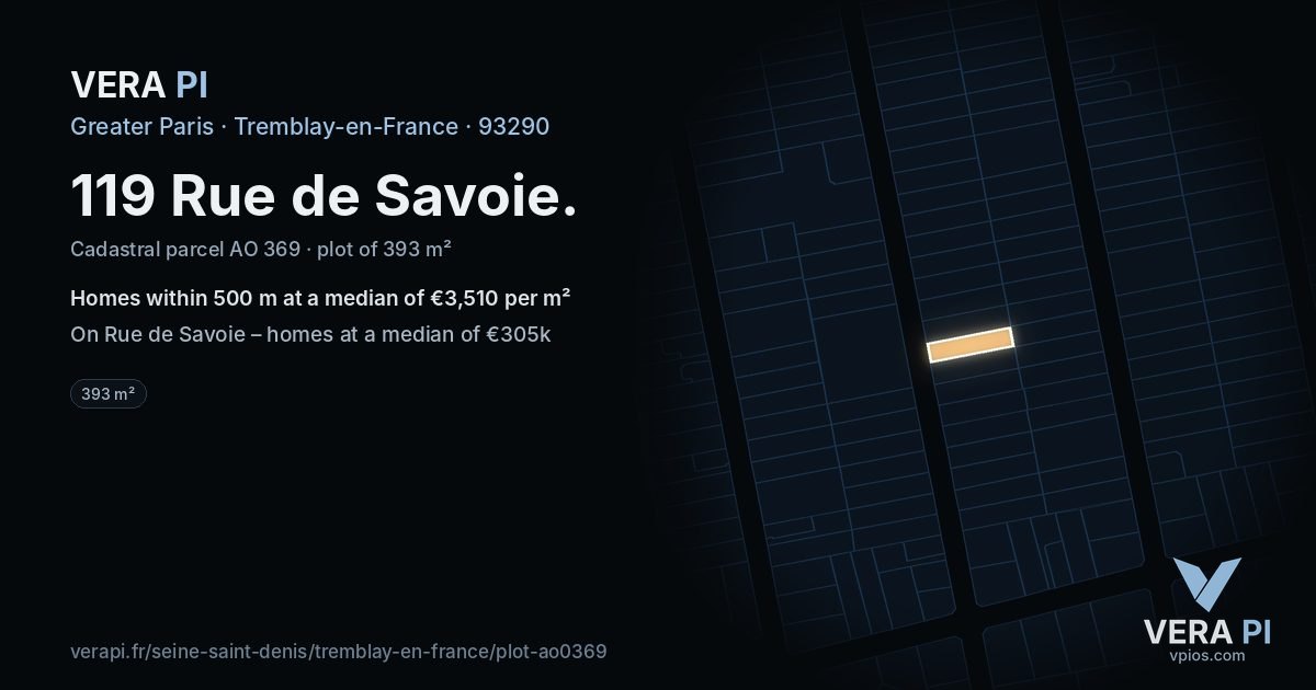 119 Rue de Savoie, Tremblay-en-France at night – the plot lit, the parcels around coloured by the prices near them