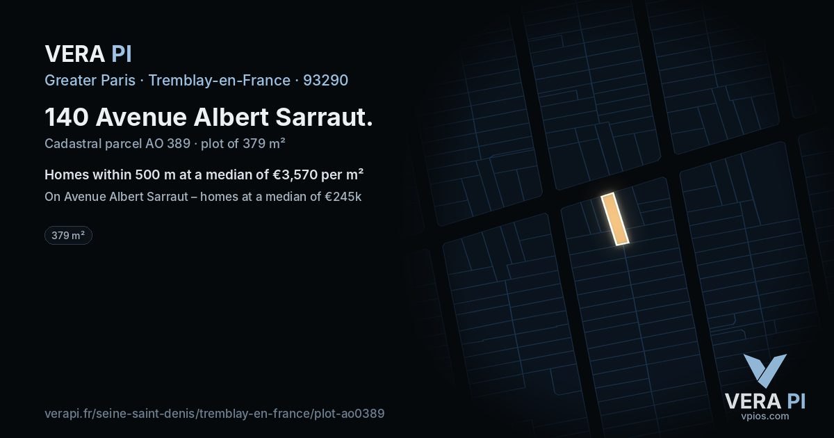 140 Avenue Albert Sarraut, Tremblay-en-France at night – the plot lit, the parcels around coloured by the prices near them