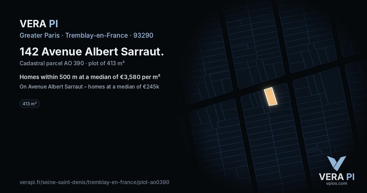 142 Avenue Albert Sarraut, Tremblay-en-France at night – the plot lit, the parcels around coloured by the prices near them