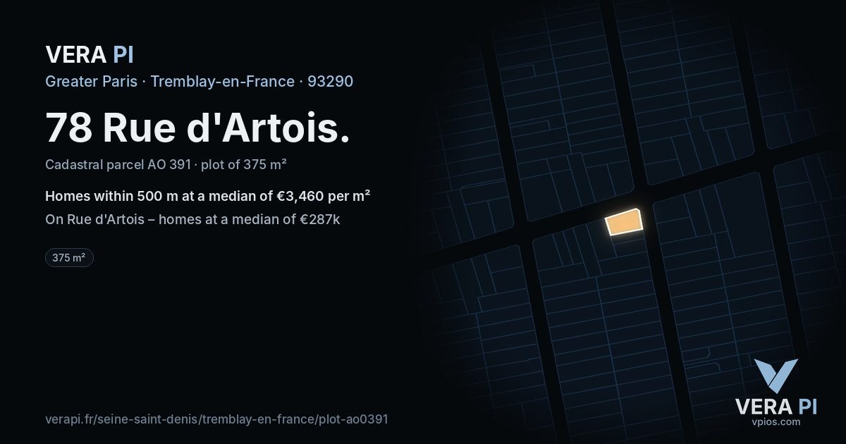 78 Rue d'Artois, Tremblay-en-France at night – the plot lit, the parcels around coloured by the prices near them
