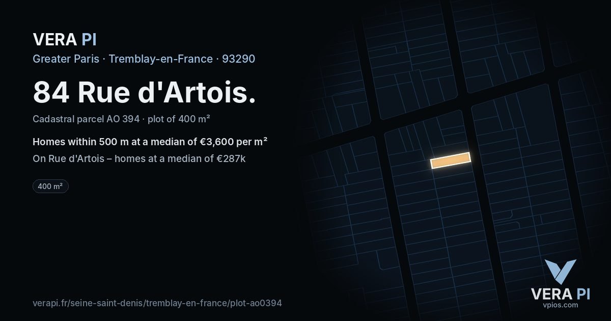 84 Rue d'Artois, Tremblay-en-France at night – the plot lit, the parcels around coloured by the prices near them
