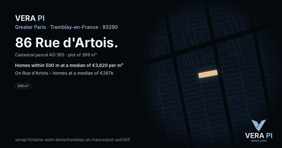 86 Rue d'Artois, Tremblay-en-France at night – the plot lit, the parcels around coloured by the prices near them