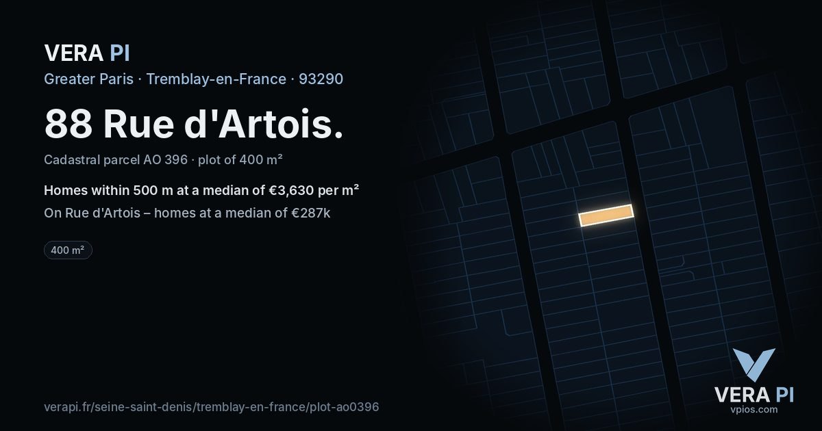 88 Rue d'Artois, Tremblay-en-France at night – the plot lit, the parcels around coloured by the prices near them