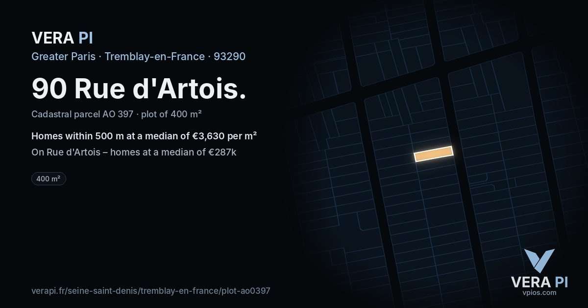 90 Rue d'Artois, Tremblay-en-France at night – the plot lit, the parcels around coloured by the prices near them