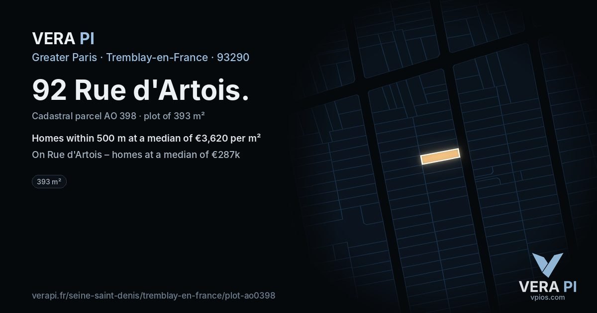 92 Rue d'Artois, Tremblay-en-France at night – the plot lit, the parcels around coloured by the prices near them