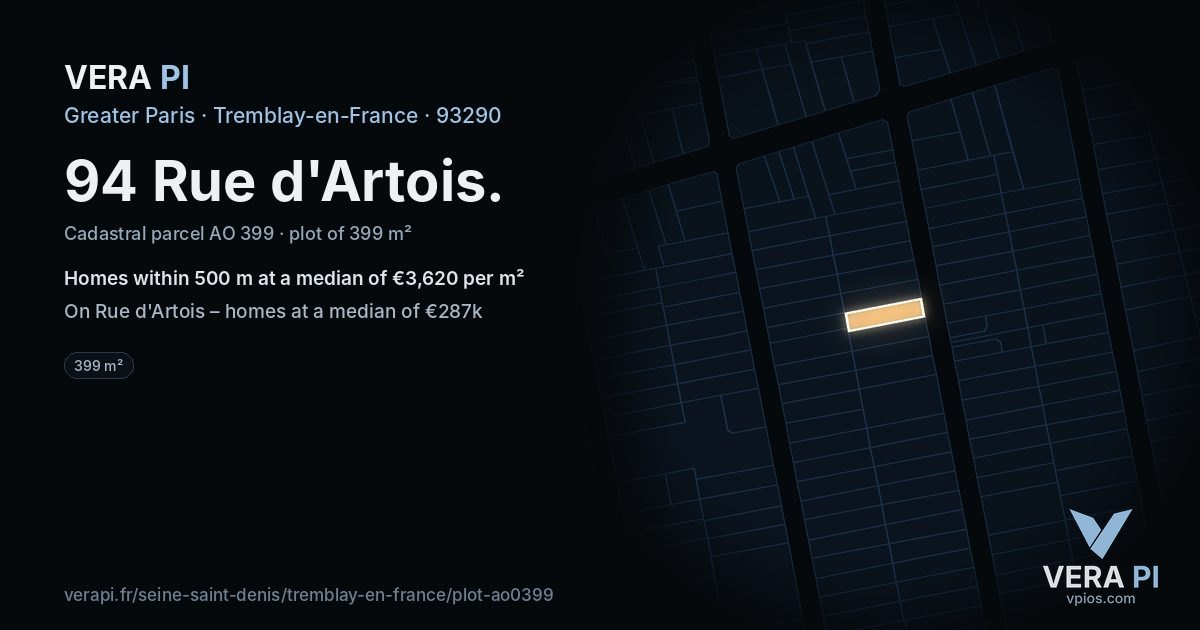 94 Rue d'Artois, Tremblay-en-France at night – the plot lit, the parcels around coloured by the prices near them