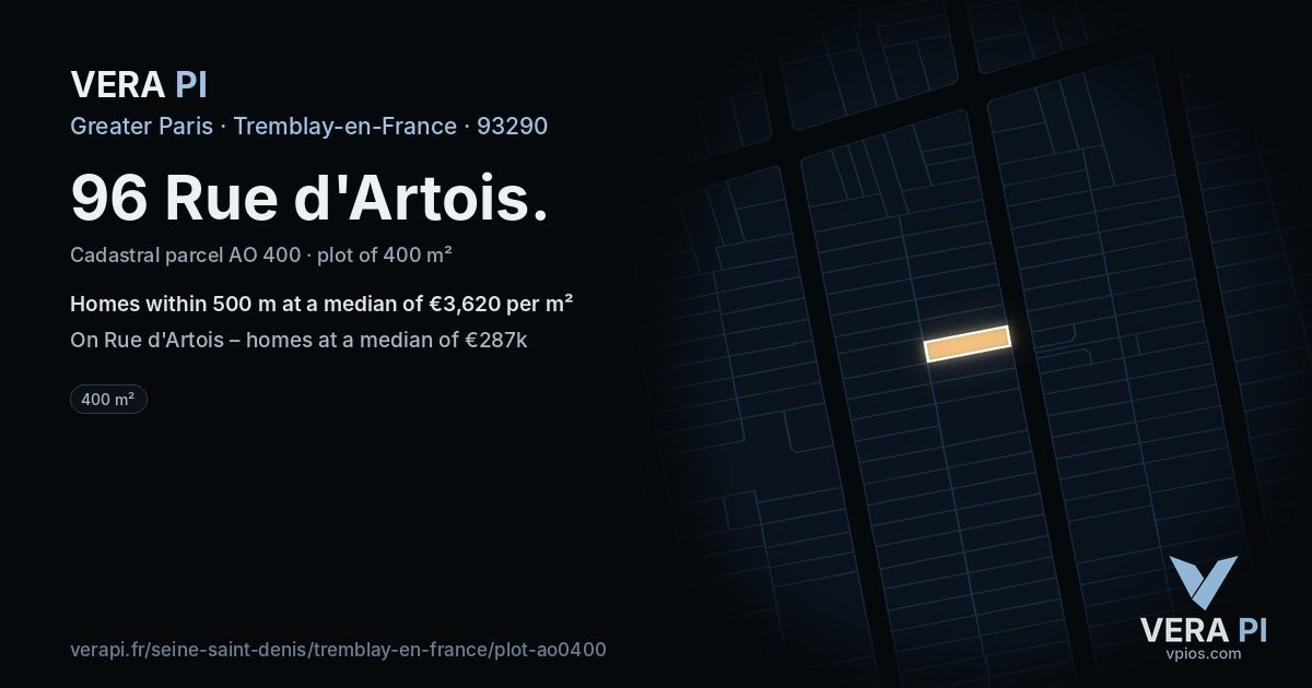 96 Rue d'Artois, Tremblay-en-France at night – the plot lit, the parcels around coloured by the prices near them