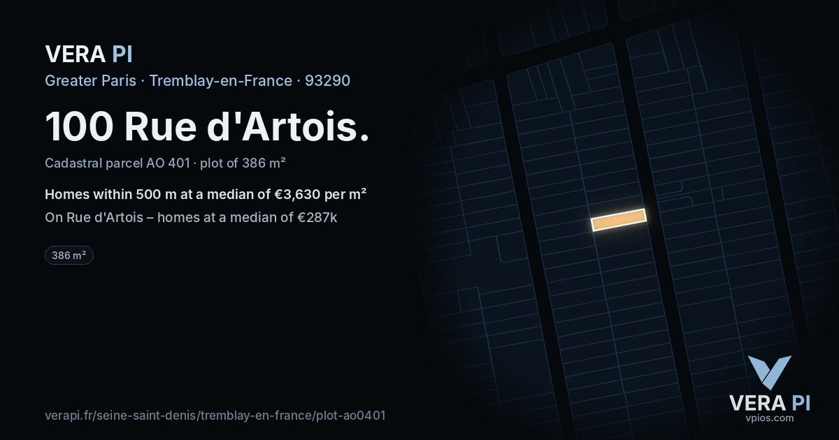 100 Rue d'Artois, Tremblay-en-France at night – the plot lit, the parcels around coloured by the prices near them
