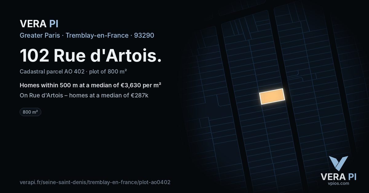 102 Rue d'Artois, Tremblay-en-France at night – the plot lit, the parcels around coloured by the prices near them