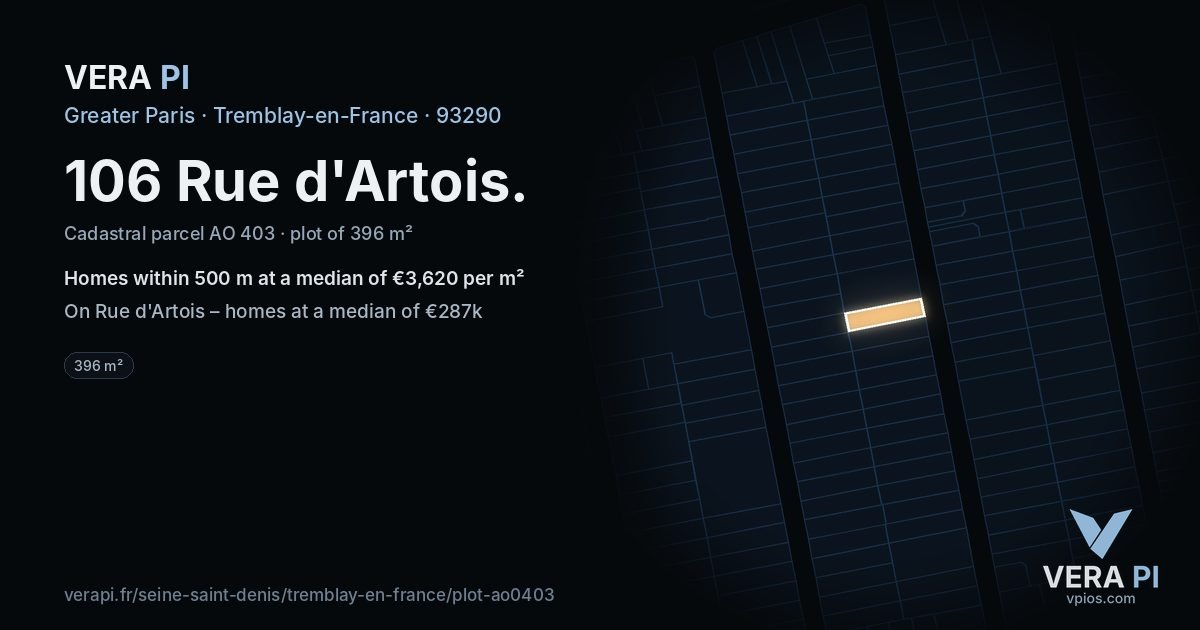 106 Rue d'Artois, Tremblay-en-France at night – the plot lit, the parcels around coloured by the prices near them