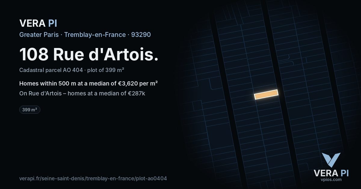 108 Rue d'Artois, Tremblay-en-France at night – the plot lit, the parcels around coloured by the prices near them