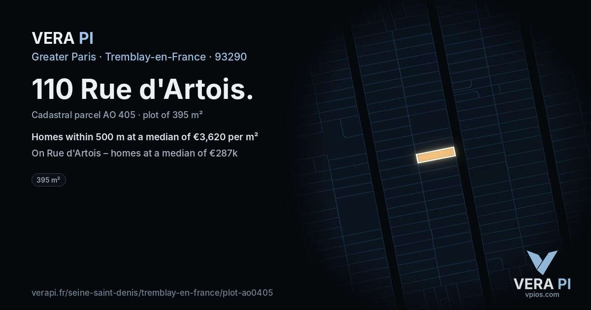 110 Rue d'Artois, Tremblay-en-France at night – the plot lit, the parcels around coloured by the prices near them