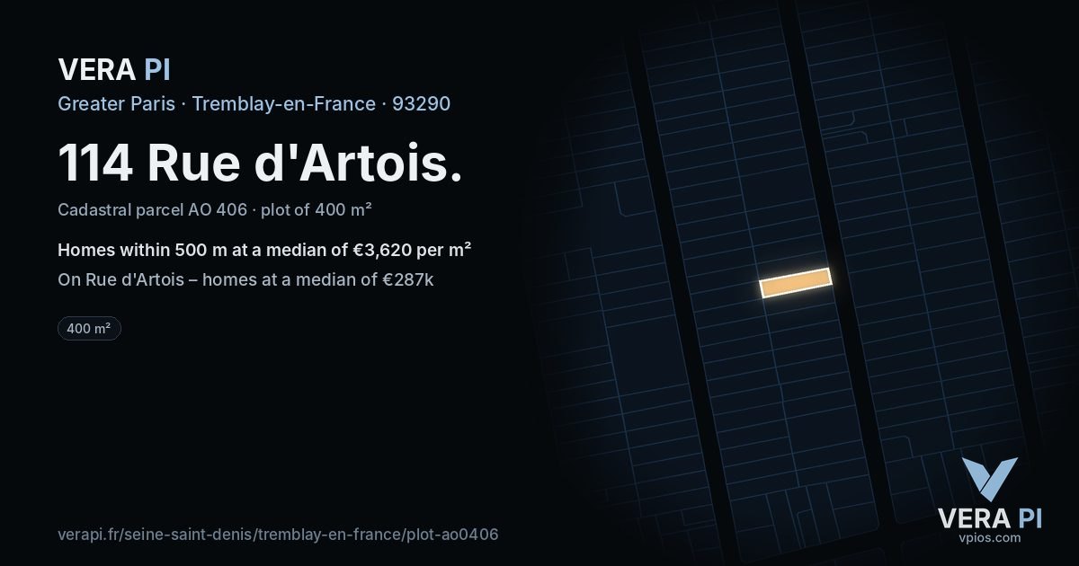 114 Rue d'Artois, Tremblay-en-France at night – the plot lit, the parcels around coloured by the prices near them
