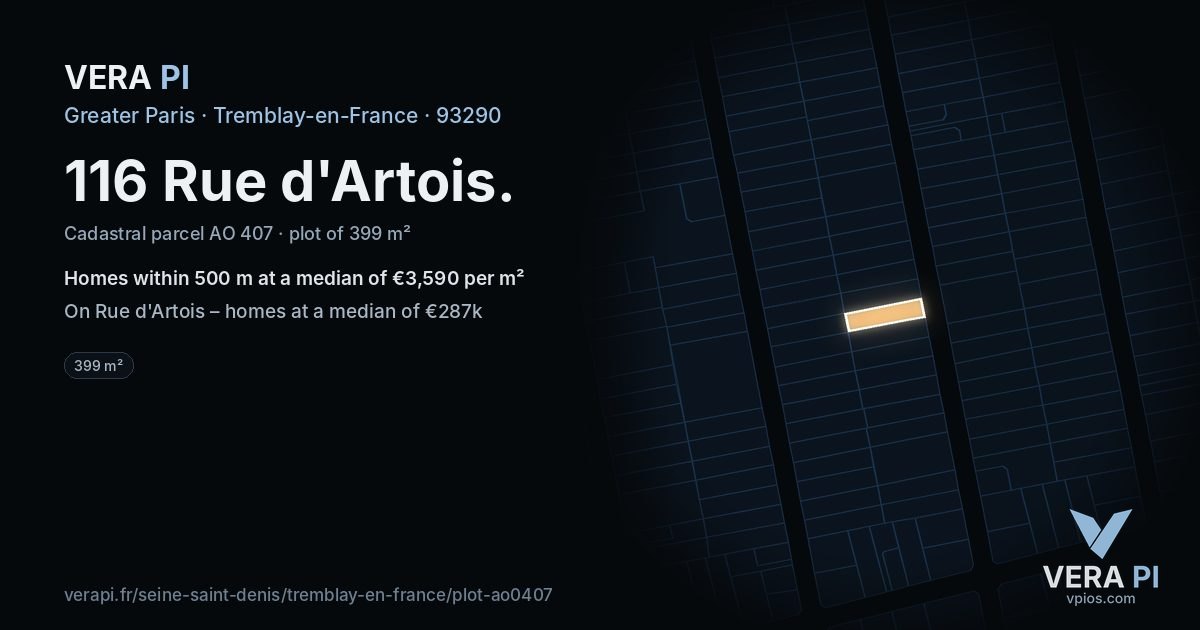 116 Rue d'Artois, Tremblay-en-France at night – the plot lit, the parcels around coloured by the prices near them