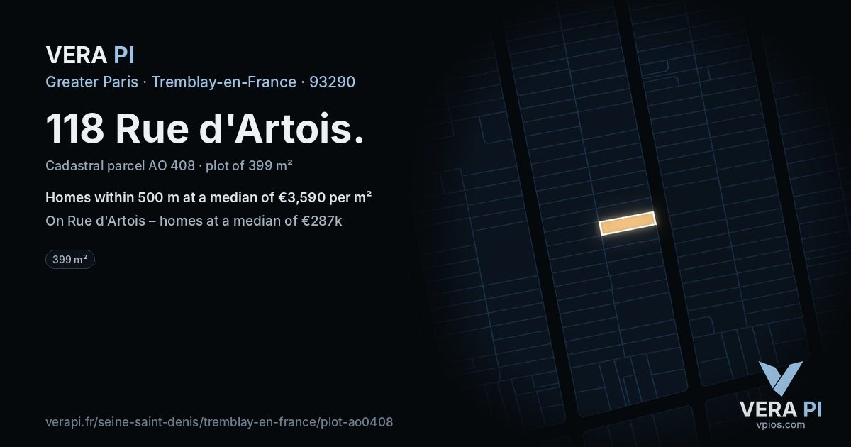 118 Rue d'Artois, Tremblay-en-France at night – the plot lit, the parcels around coloured by the prices near them