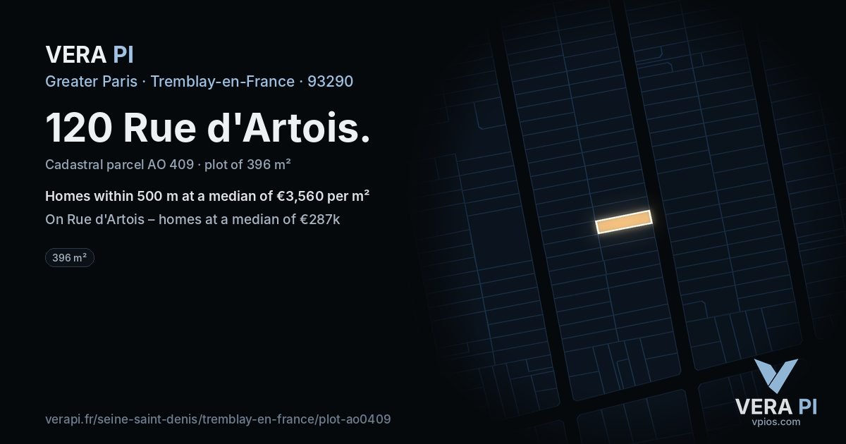 120 Rue d'Artois, Tremblay-en-France at night – the plot lit, the parcels around coloured by the prices near them
