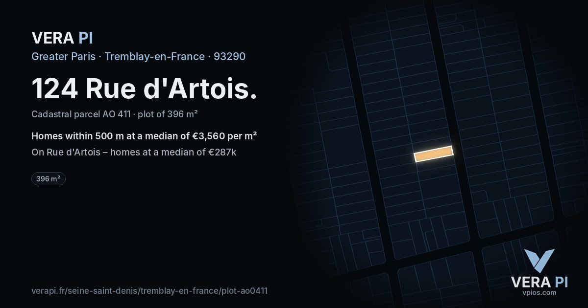 124 Rue d'Artois, Tremblay-en-France at night – the plot lit, the parcels around coloured by the prices near them