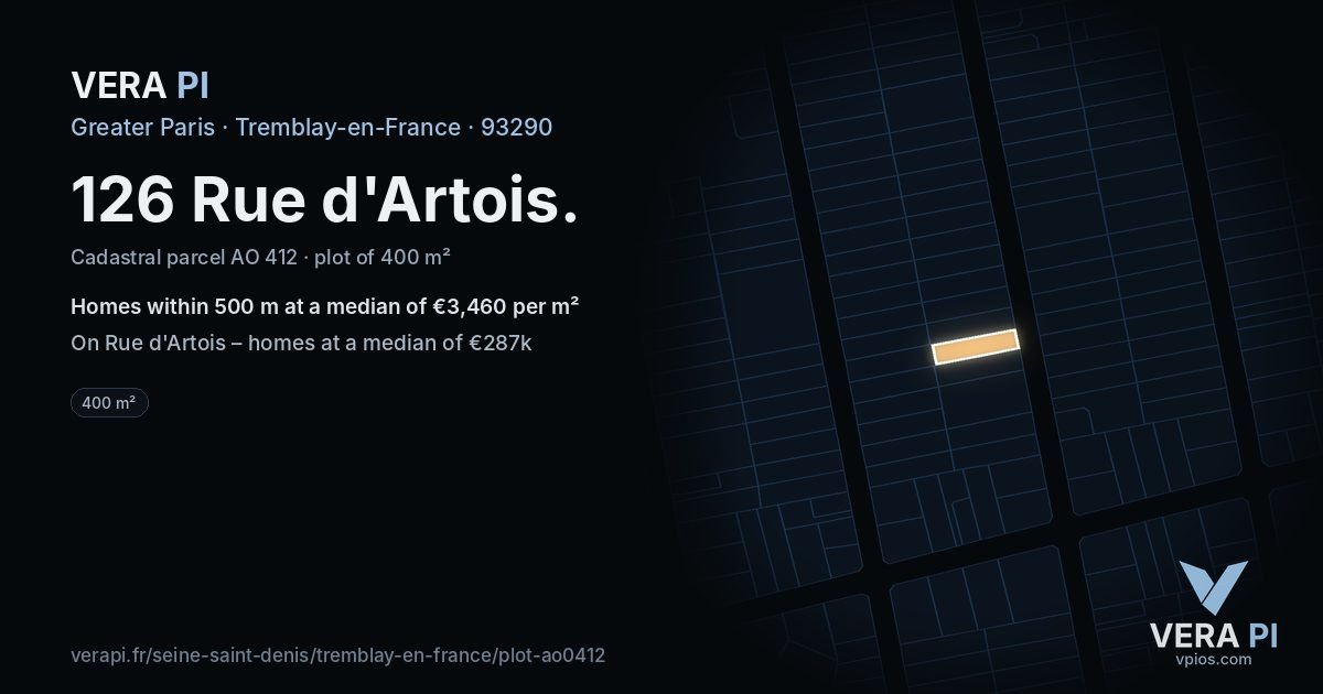 126 Rue d'Artois, Tremblay-en-France at night – the plot lit, the parcels around coloured by the prices near them