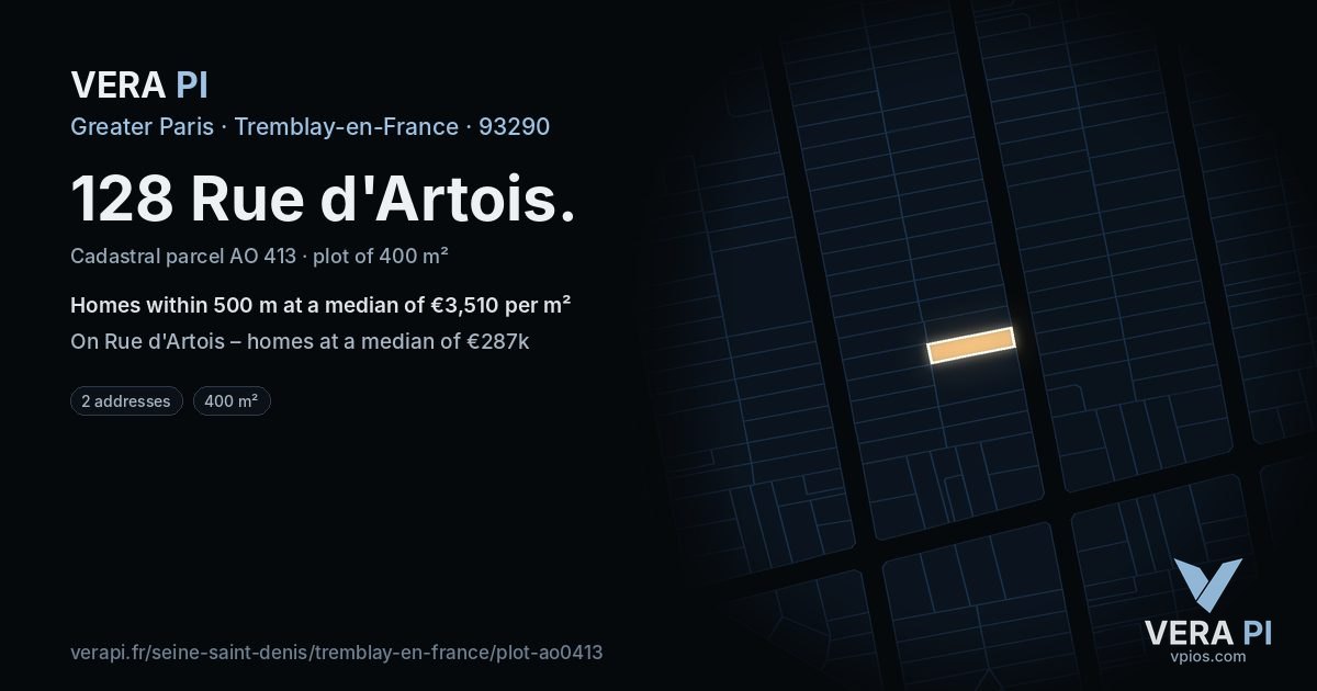 128 Rue d'Artois, Tremblay-en-France at night – the plot lit, the parcels around coloured by the prices near them