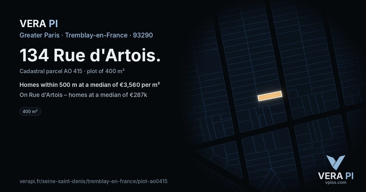 134 Rue d'Artois, Tremblay-en-France at night – the plot lit, the parcels around coloured by the prices near them