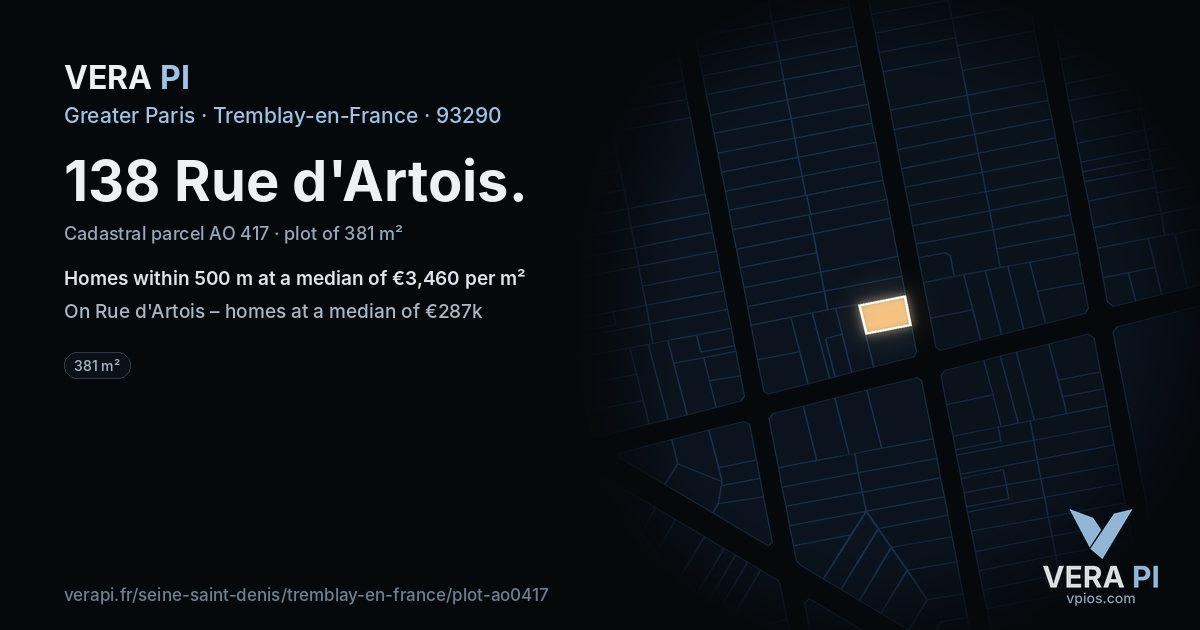 138 Rue d'Artois, Tremblay-en-France at night – the plot lit, the parcels around coloured by the prices near them