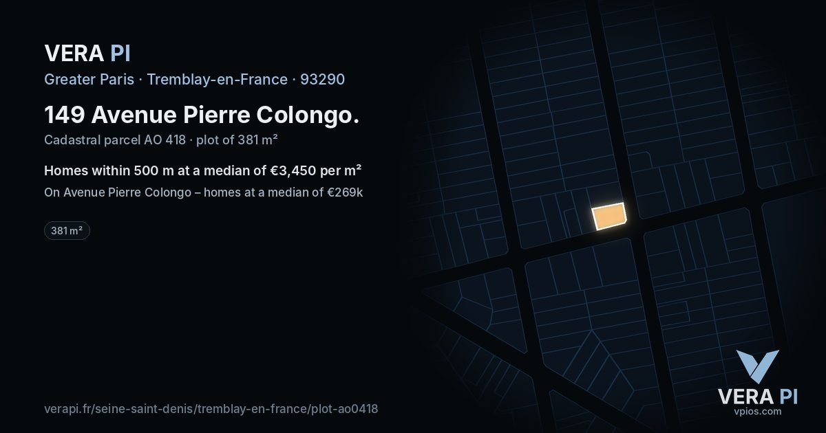 149 Avenue Pierre Colongo, Tremblay-en-France at night – the plot lit, the parcels around coloured by the prices near them