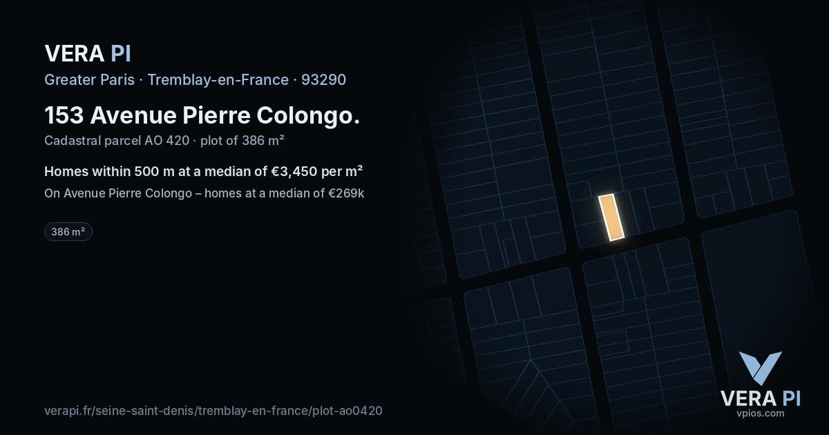153 Avenue Pierre Colongo, Tremblay-en-France at night – the plot lit, the parcels around coloured by the prices near them