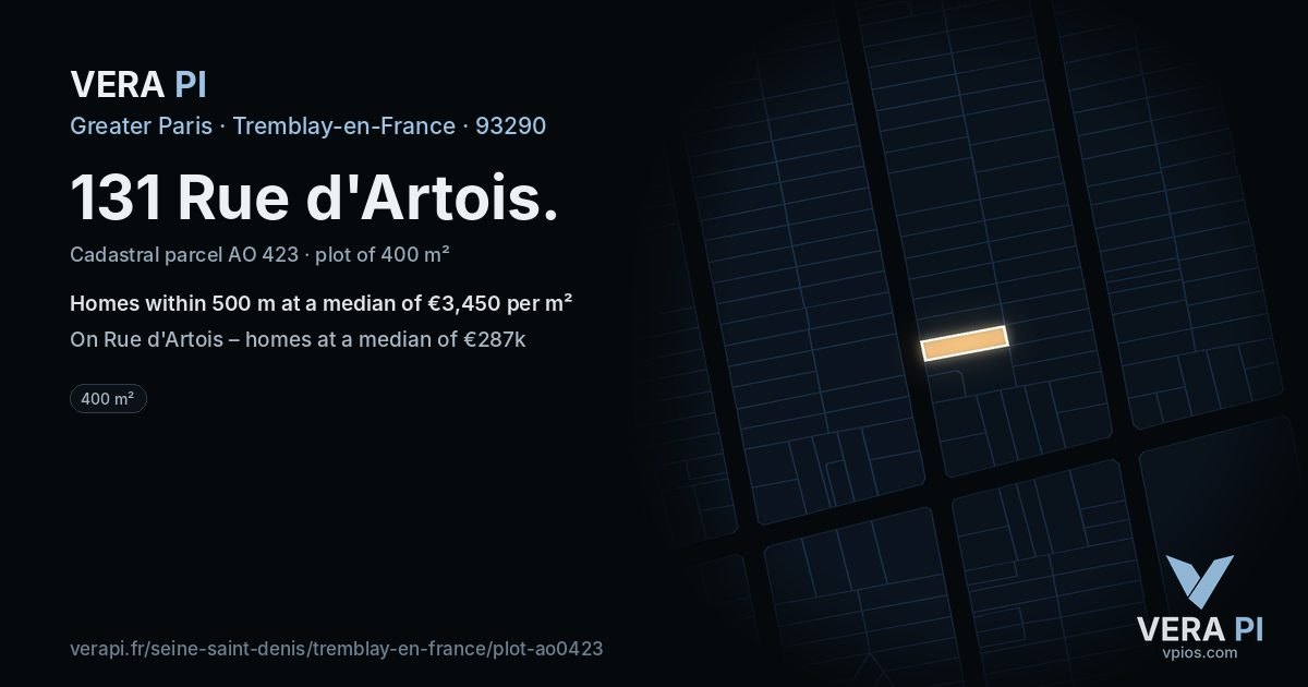131 Rue d'Artois, Tremblay-en-France at night – the plot lit, the parcels around coloured by the prices near them