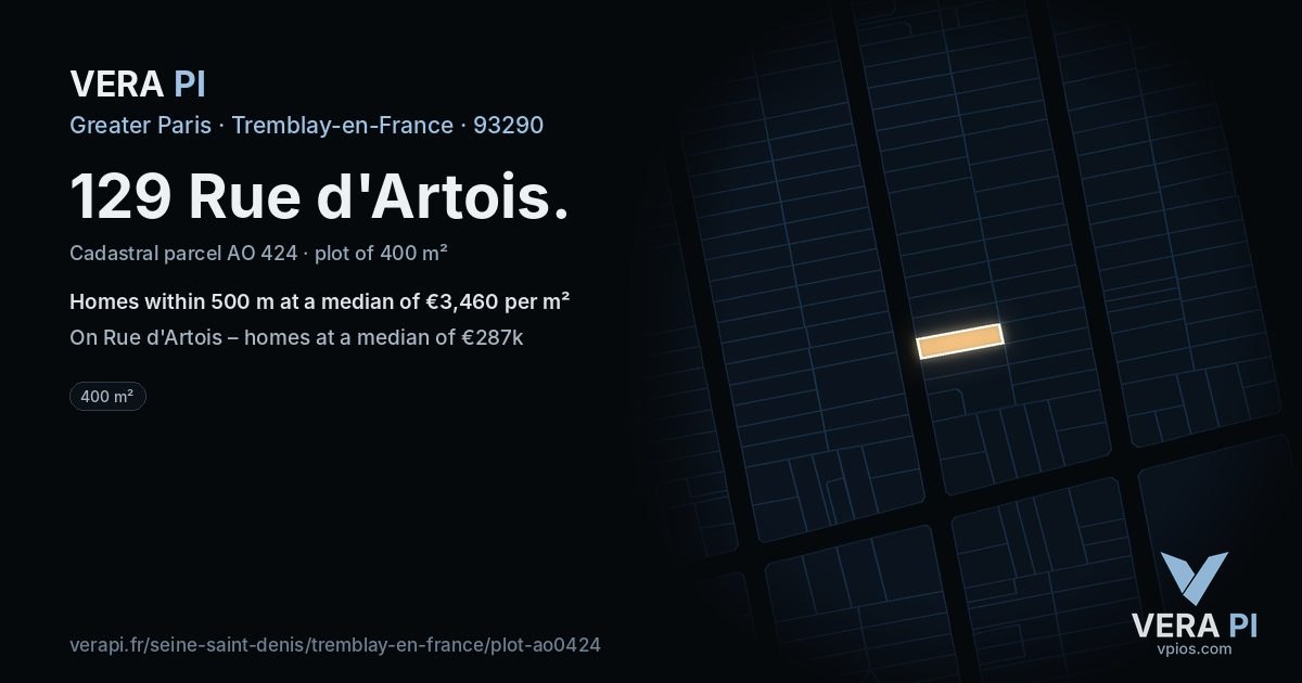 129 Rue d'Artois, Tremblay-en-France at night – the plot lit, the parcels around coloured by the prices near them