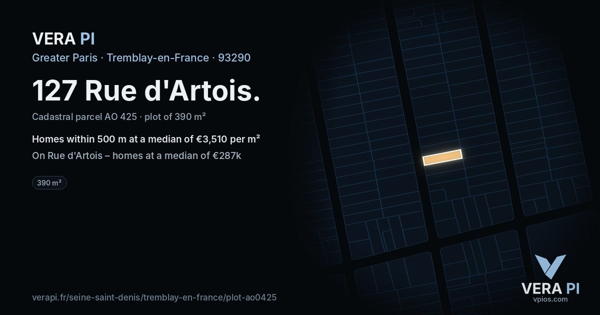 127 Rue d'Artois, Tremblay-en-France at night – the plot lit, the parcels around coloured by the prices near them