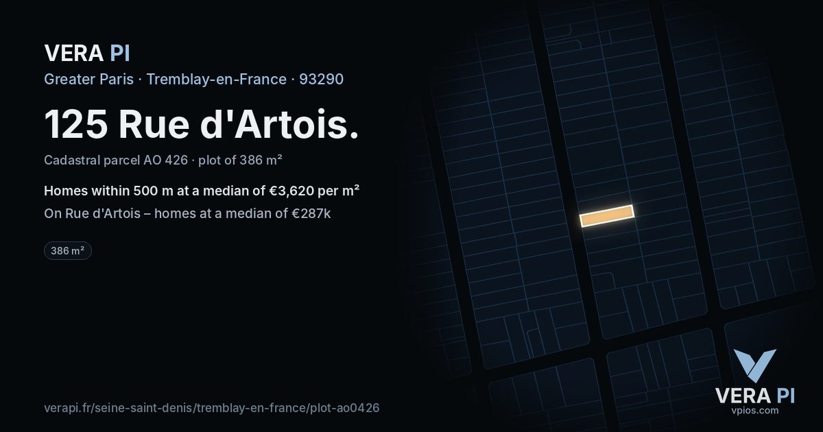 125 Rue d'Artois, Tremblay-en-France at night – the plot lit, the parcels around coloured by the prices near them