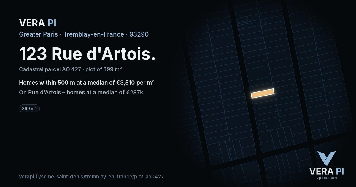 123 Rue d'Artois, Tremblay-en-France at night – the plot lit, the parcels around coloured by the prices near them