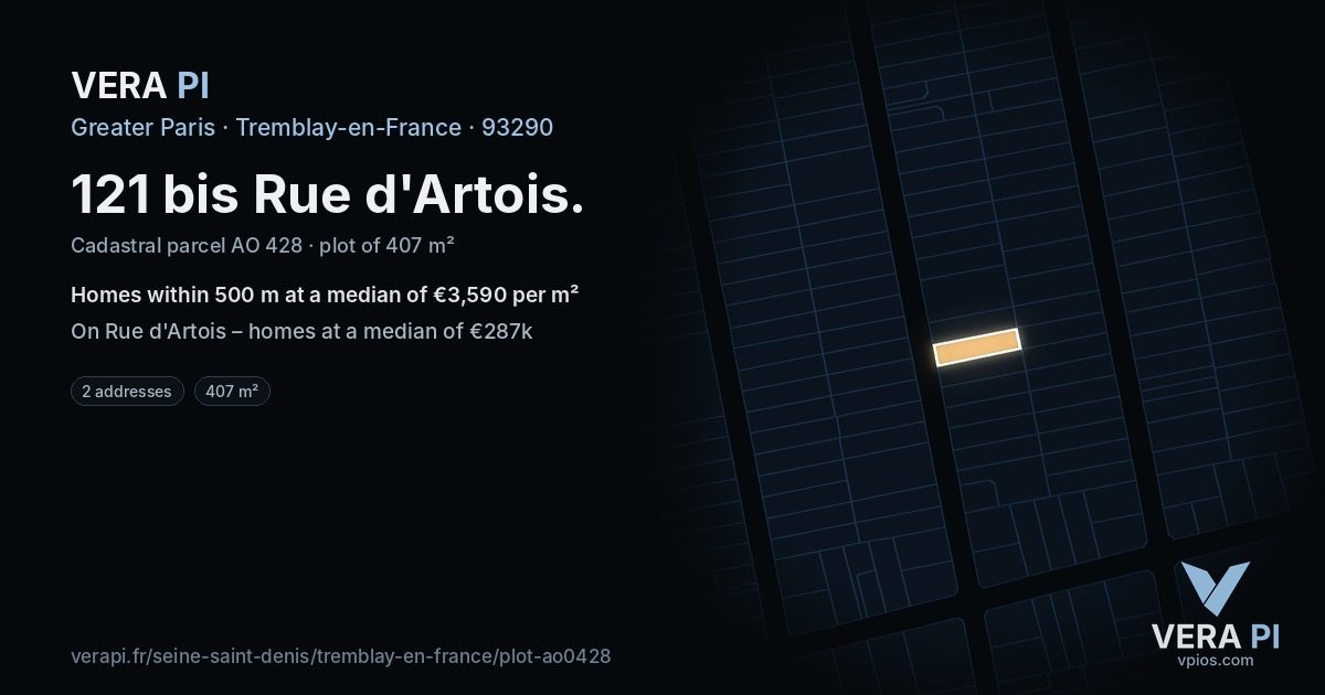 121 bis Rue d'Artois, Tremblay-en-France at night – the plot lit, the parcels around coloured by the prices near them