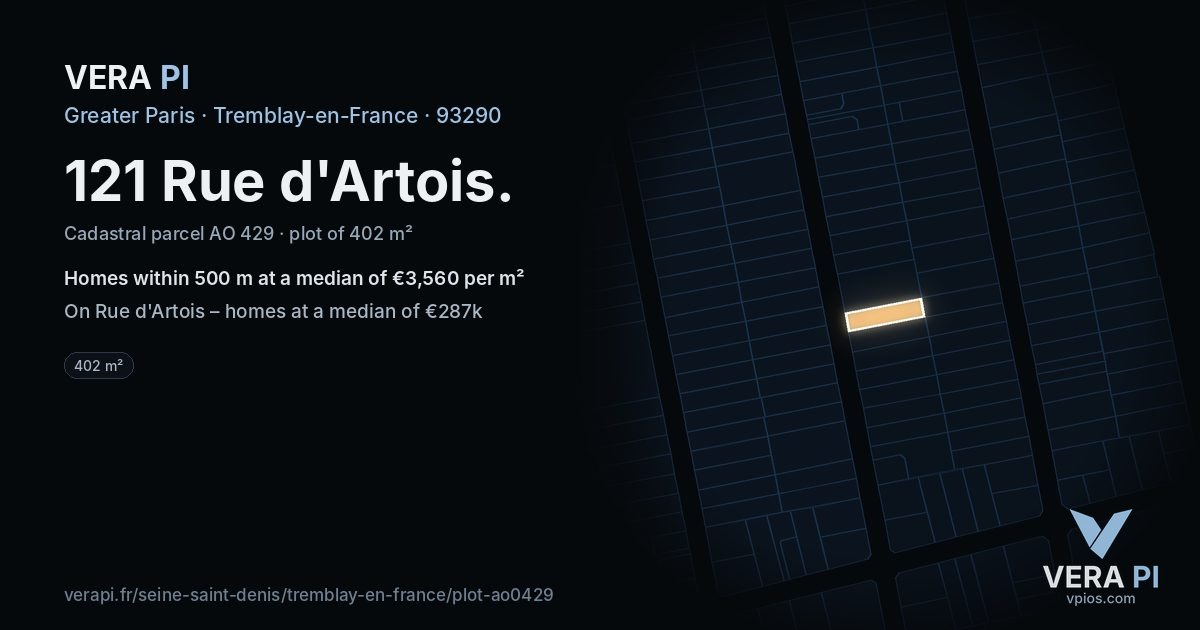 121 Rue d'Artois, Tremblay-en-France at night – the plot lit, the parcels around coloured by the prices near them