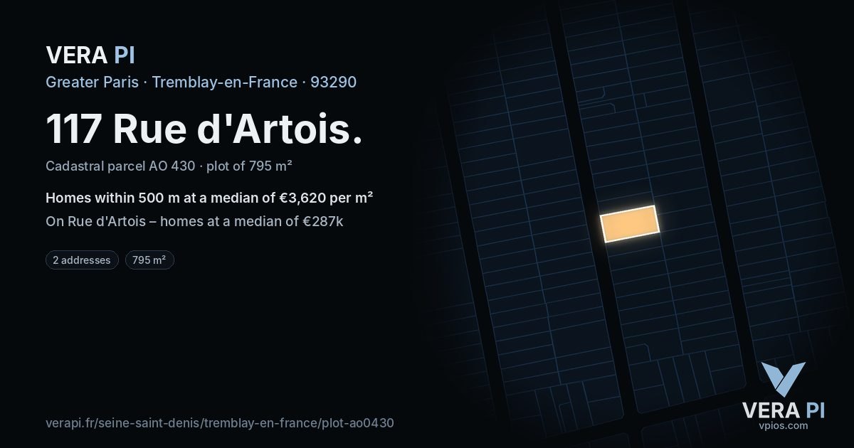 117 Rue d'Artois, Tremblay-en-France at night – the plot lit, the parcels around coloured by the prices near them