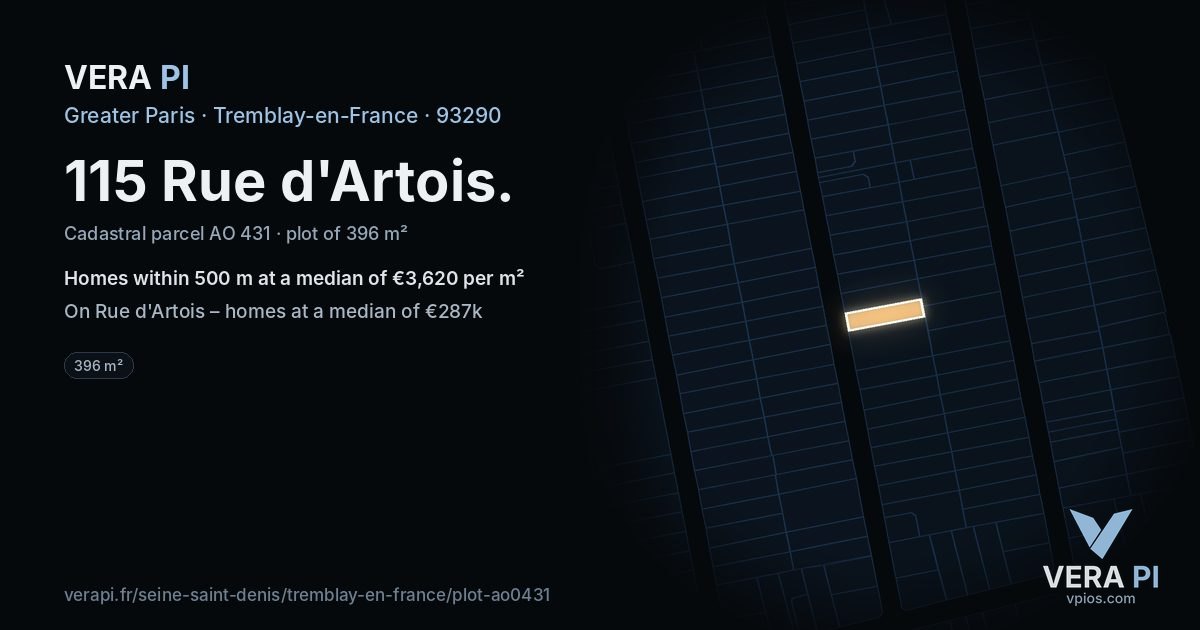 115 Rue d'Artois, Tremblay-en-France at night – the plot lit, the parcels around coloured by the prices near them